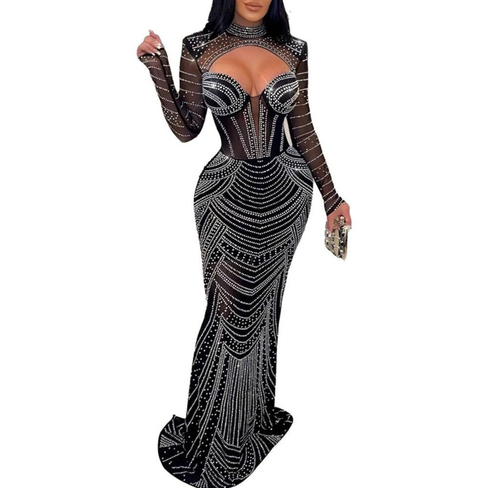 CUTUBLY Size Large Women Long Sleeve Rhinestone Birthday Party Dresses Sexy Club